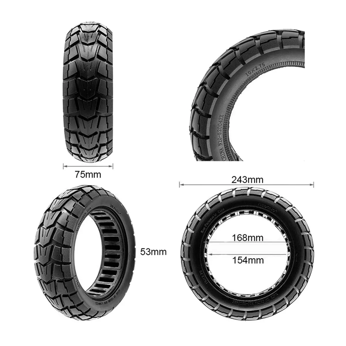 perfil técnico de la rueda maciza 10x2.75-6.5 nedong offroad para patinete eléctrico, construcción resistente y sin riesgo de pinchazos, compatible con modelos como xiaomi, en ommvishop.