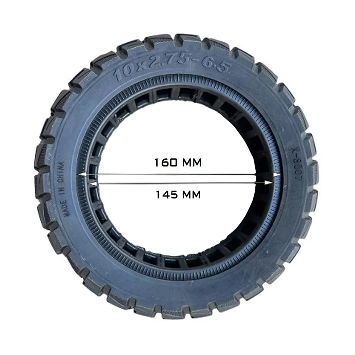 detalle del rueda maciza 10x2.75-6.5 xuancheng offroad para patinete eléctrico, diseñada con material resistente y sin riesgo de pinchazos, en OmmviShop.