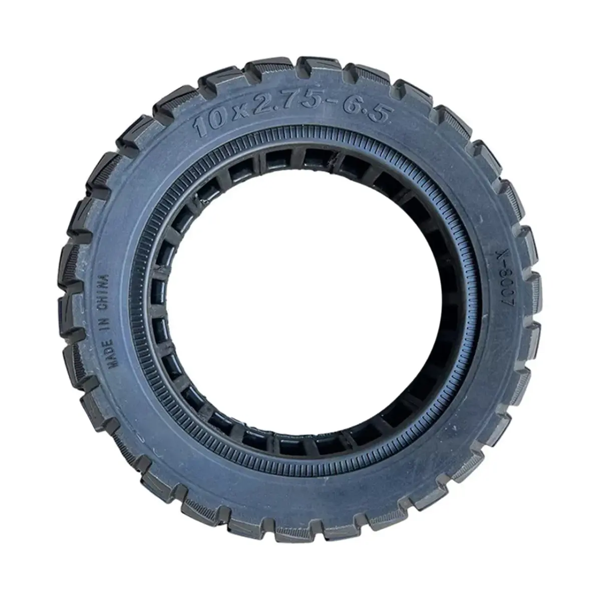 vista lateral de la rueda maciza 10x2.75-6.5 xuancheng offroad para patinete eléctrico, con construcción resistente y sin riesgo de pinchazos, en OmmviShop.
