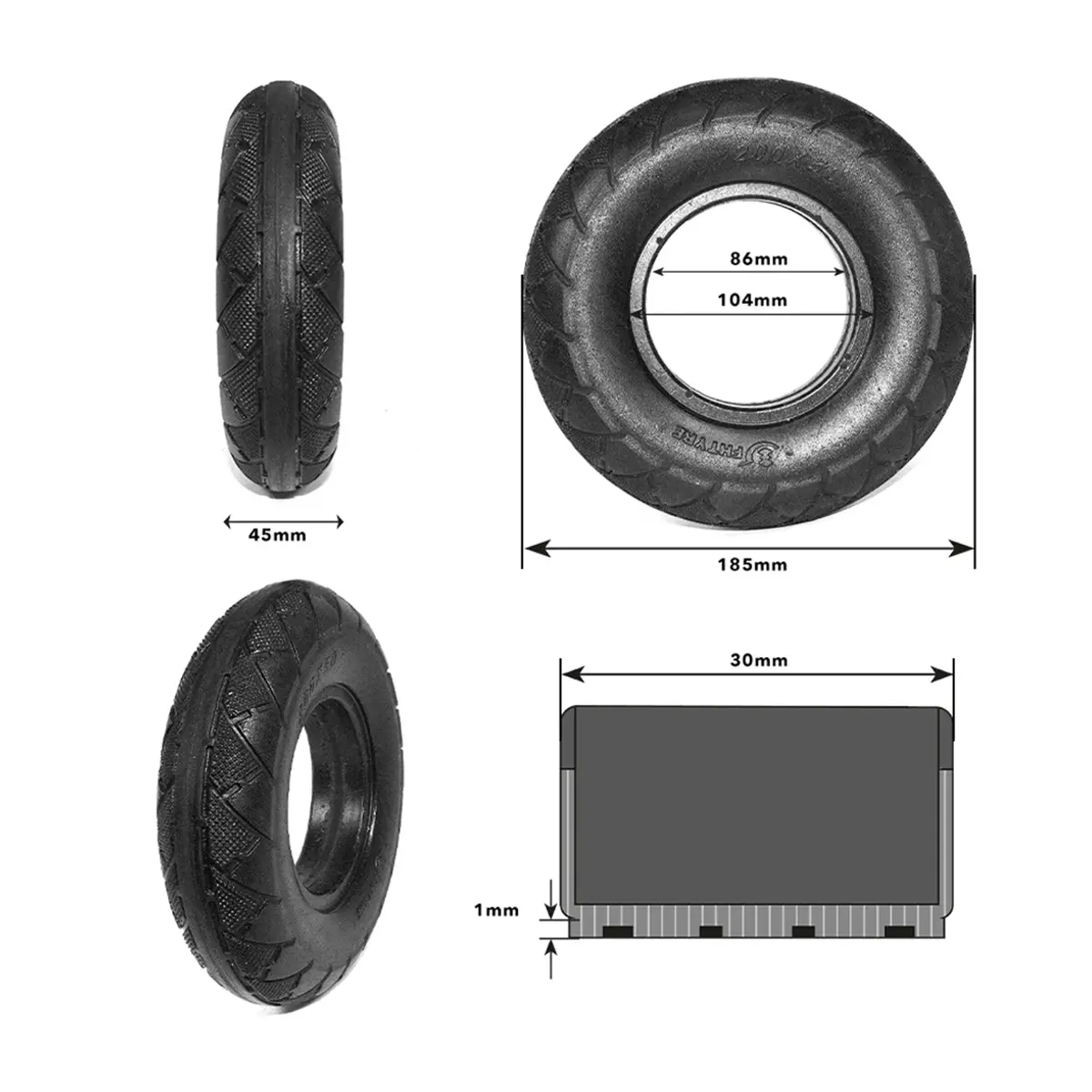 detalle técnico de la rueda maciza 200x50 diámetro interno 86.6mm, construida en material resistente y compatible con patinetes eléctricos Xiaomi y Cecotec 8.5", en OmmviShop.