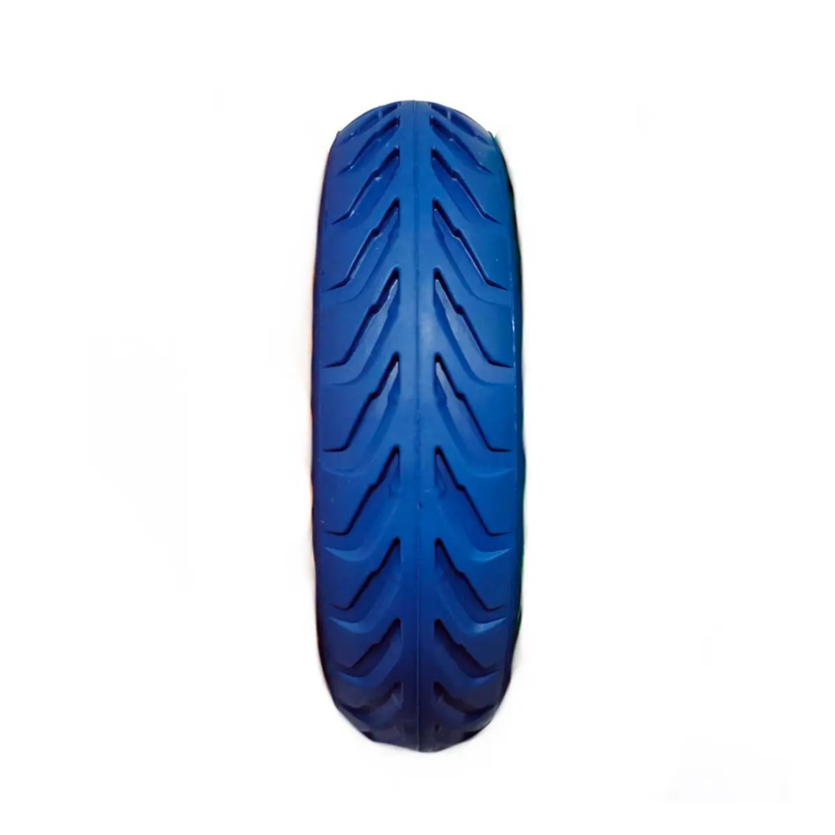 vista frontal de la rueda maciza 8.5x2 agujereada azul, diseñada para ofrecer estabilidad superior y evitar pinchazos, compatible con patinetes eléctricos Xiaomi y Cecotec, en OmmviShop.