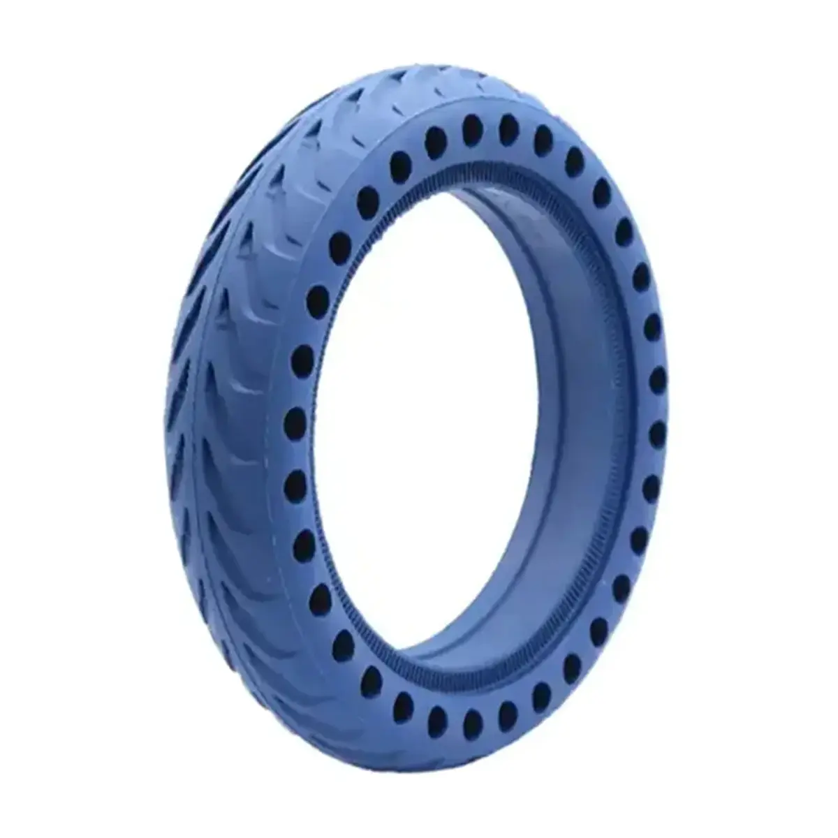 vista perspectiva de la rueda maciza 8.5x2 agujereada azul para patinete eléctrico, diseñada para evitar pinchazos y con durabilidad superior, en OmmviShop.