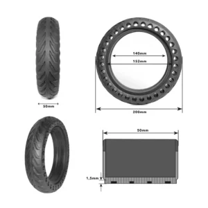 detalle técnico de la rueda maciza 8.5x2 agujereada negra, diseñada para patinete eléctrico, ofreciendo durabilidad sin riesgos de pinchazos, en OmmviShop.
