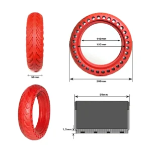 detalle técnico de la rueda maciza 8.5x2 agujereada roja para patinete eléctrico, construida en material resistente para evitar pinchazos y garantizar durabilidad, en OmmviShop.