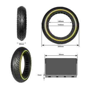 detalle técnico de la rueda maciza 8.5x2 nedong línea amarilla para patinete eléctrico, diseñada para evitar pinchazos y compatible con modelos como xiaomi, en OmmviShop.