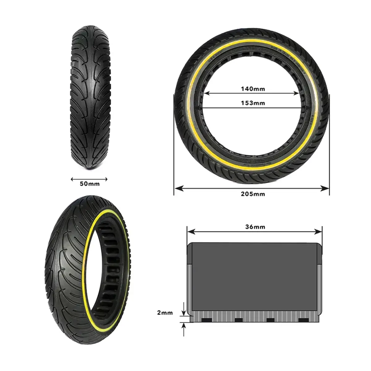 detalle técnico de la rueda maciza 8.5x2 nedong línea amarilla para patinete eléctrico, diseñada para evitar pinchazos y compatible con modelos como xiaomi, en OmmviShop.