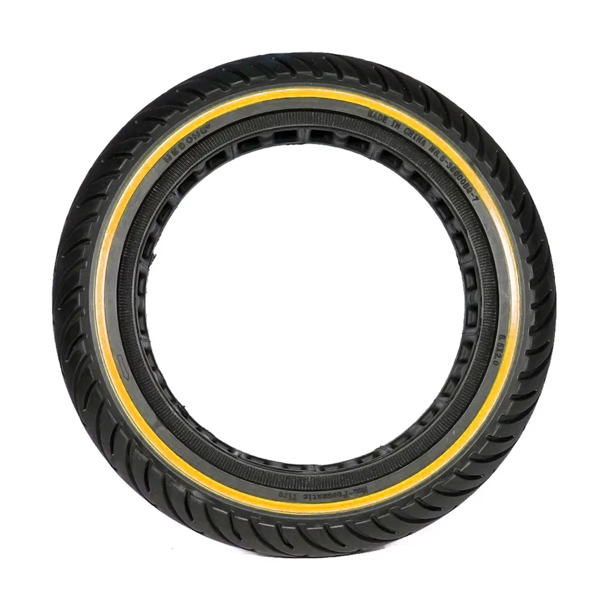 vista lateral de la rueda maciza 8.5x2 nedong línea amarilla para patinete eléctrico, diseñada con material resistente para una conducción continua y sin pinchazos, en OmmviShop.