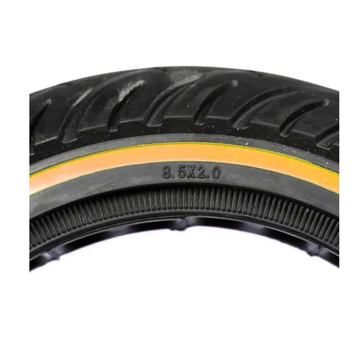 vista medidas de la rueda maciza 8.5x2 nedong línea amarilla para patinete eléctrico, con construcción perforada que evita pinchazos y compatible con modelos como Xiaomi, en OmmviShop.
