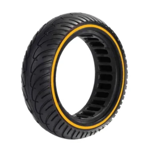 vista perspectiva de la rueda maciza 8.5x2 nedong línea amarilla para patinete eléctrico, ideal para evitar pinchazos y con construcción resistente, en OmmviShop.