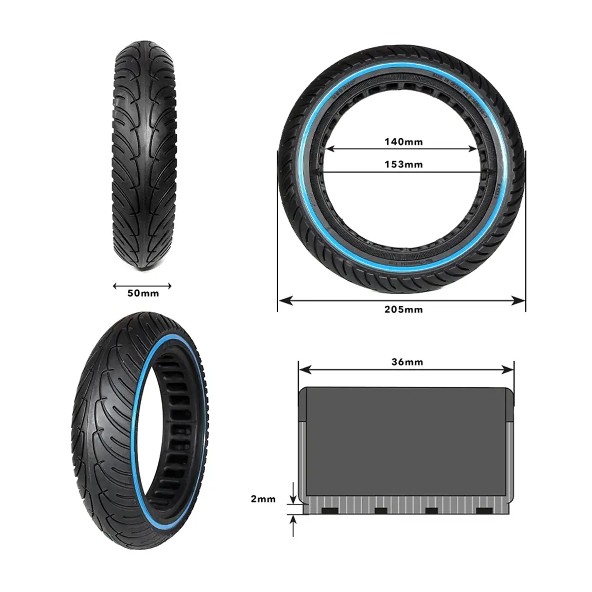 detalle del rueda maciza 8.5x2 nedong linea azul para patinete eléctrico, construcción perforada para mayor durabilidad y sin riesgo de pinchazos, en OmmviShop.