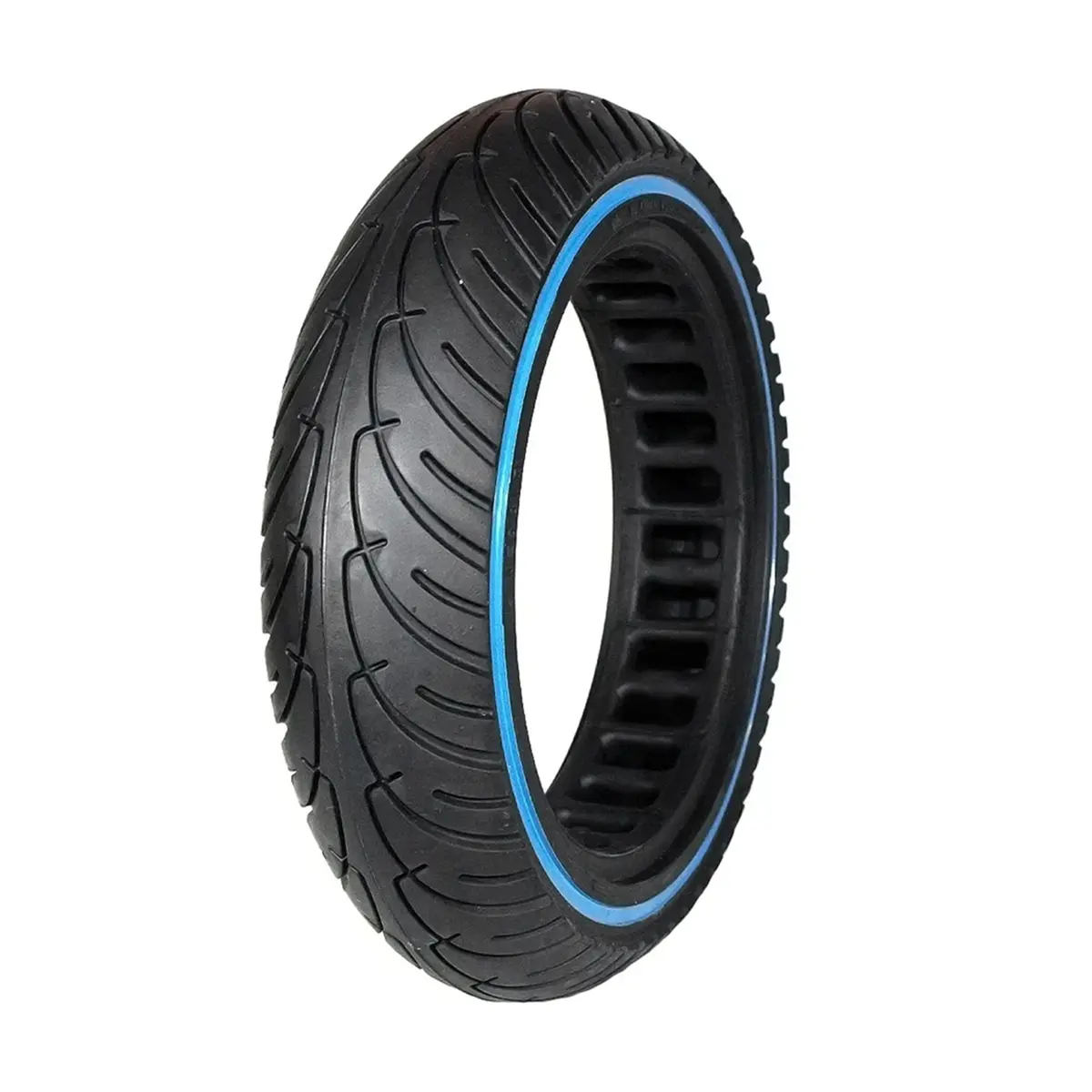 vista perspectiva de la rueda maciza 8.5x2 nedong línea azul para patinete eléctrico, con construcción perforada para mayor durabilidad y sin riesgo de pinchazos, en OmmviShop.