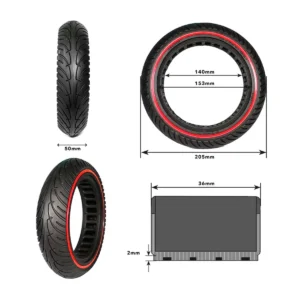 detalle técnico de la rueda maciza 8.5x2 nedong en rojo para patinete eléctrico, con construcción perforada que asegura durabilidad y evita pinchazos, en OmmviShop.