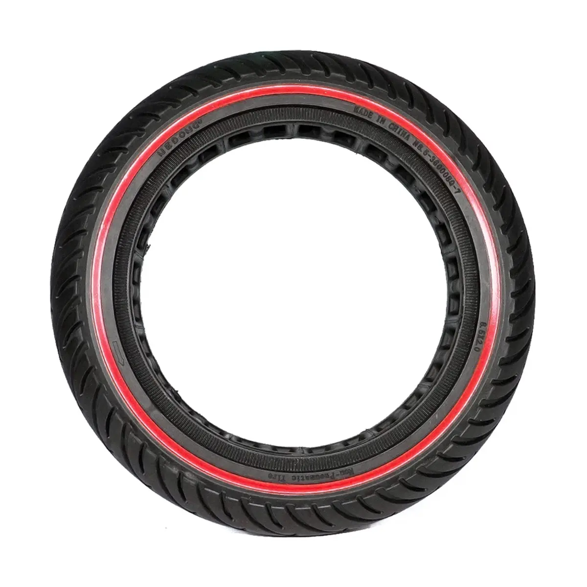 vista lateral de la rueda maciza 8.5x2 nedong en rojo para patinete eléctrico, con construcción perforada que garantiza durabilidad y evita pinchazos, en OmmviShop.