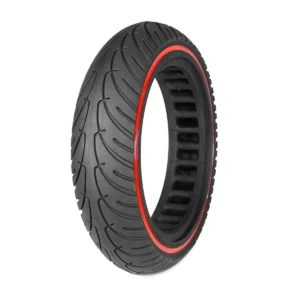 vista perspectiva de la rueda maciza 8.5x2 nedong color rojo, ideal para patinete eléctrico con construcción perforada y sin riesgo de pinchazos, en OmmviShop.