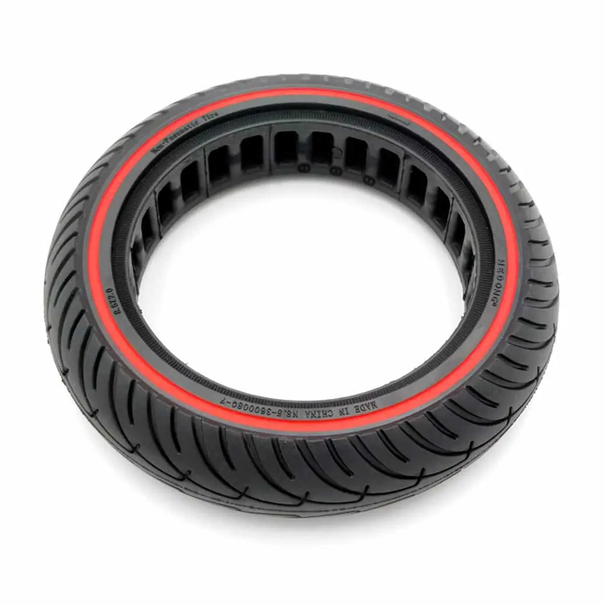 vista superior de la rueda maciza 8.5x2 nedong en rojo para patinete eléctrico, con construcción perforada y sin riesgo de pinchazos, en OmmviShop.