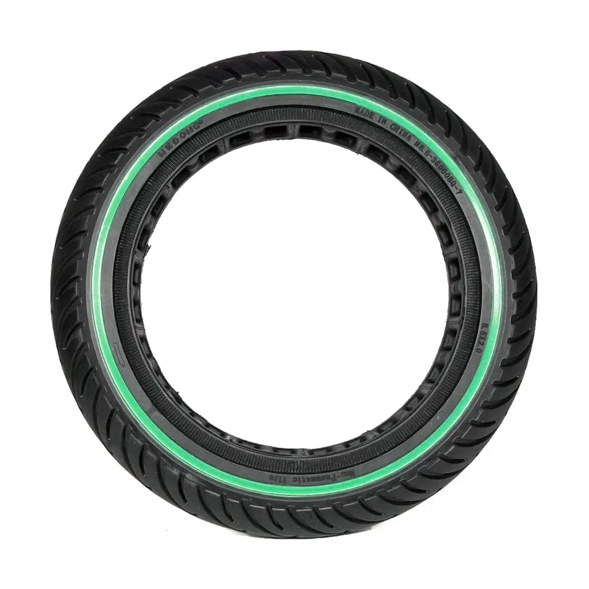 vista lateral de la rueda maciza 8.5x2 nedong línea verde para patinete eléctrico, con construcción resistente y sin riesgo de pinchazos, en OmmviShop.