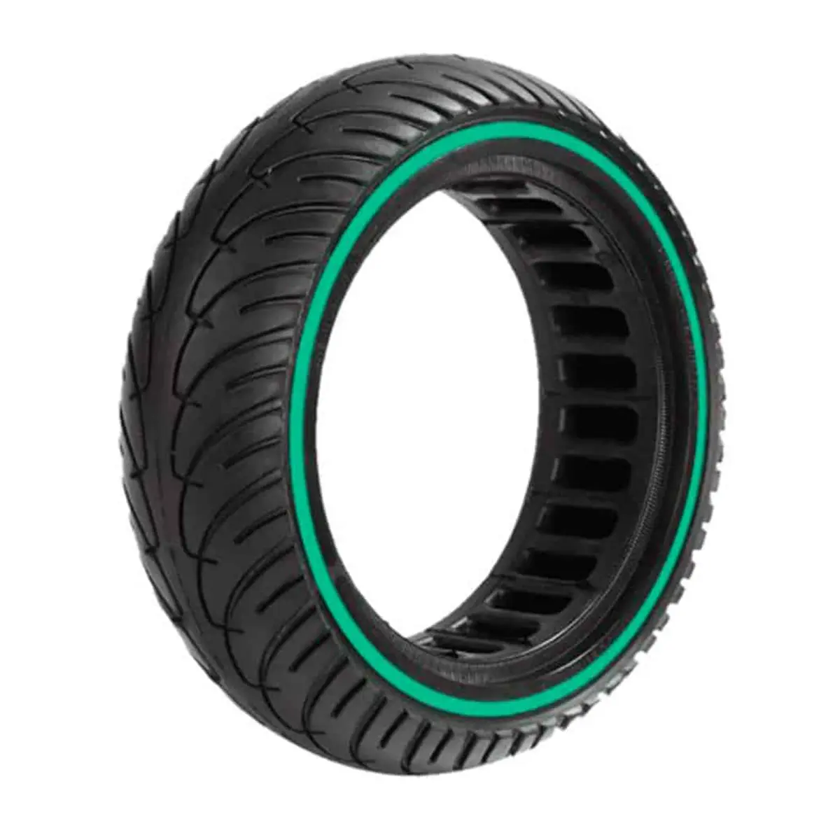 vista perspectiva de la rueda maciza 8.5x2 nedong línea verde para patinete eléctrico, con construcción perforada para mayor durabilidad y sin riesgo de pinchazos, en OmmviShop.