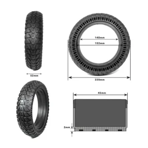 detalle técnico de la rueda maciza 9x2.25 offroad para patinete eléctrico, con construcción resistente y sin riesgo de pinchazos, compatible con modelos Xiaomi, en OmmviShop.