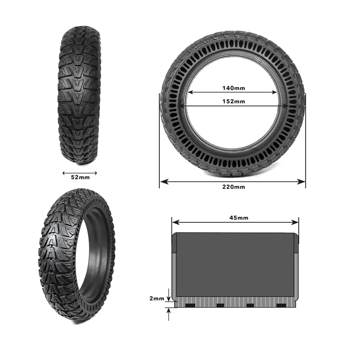 detalle técnico de la rueda maciza 9x2.25 offroad para patinete eléctrico, con construcción resistente y sin riesgo de pinchazos, compatible con modelos Xiaomi, en OmmviShop.
