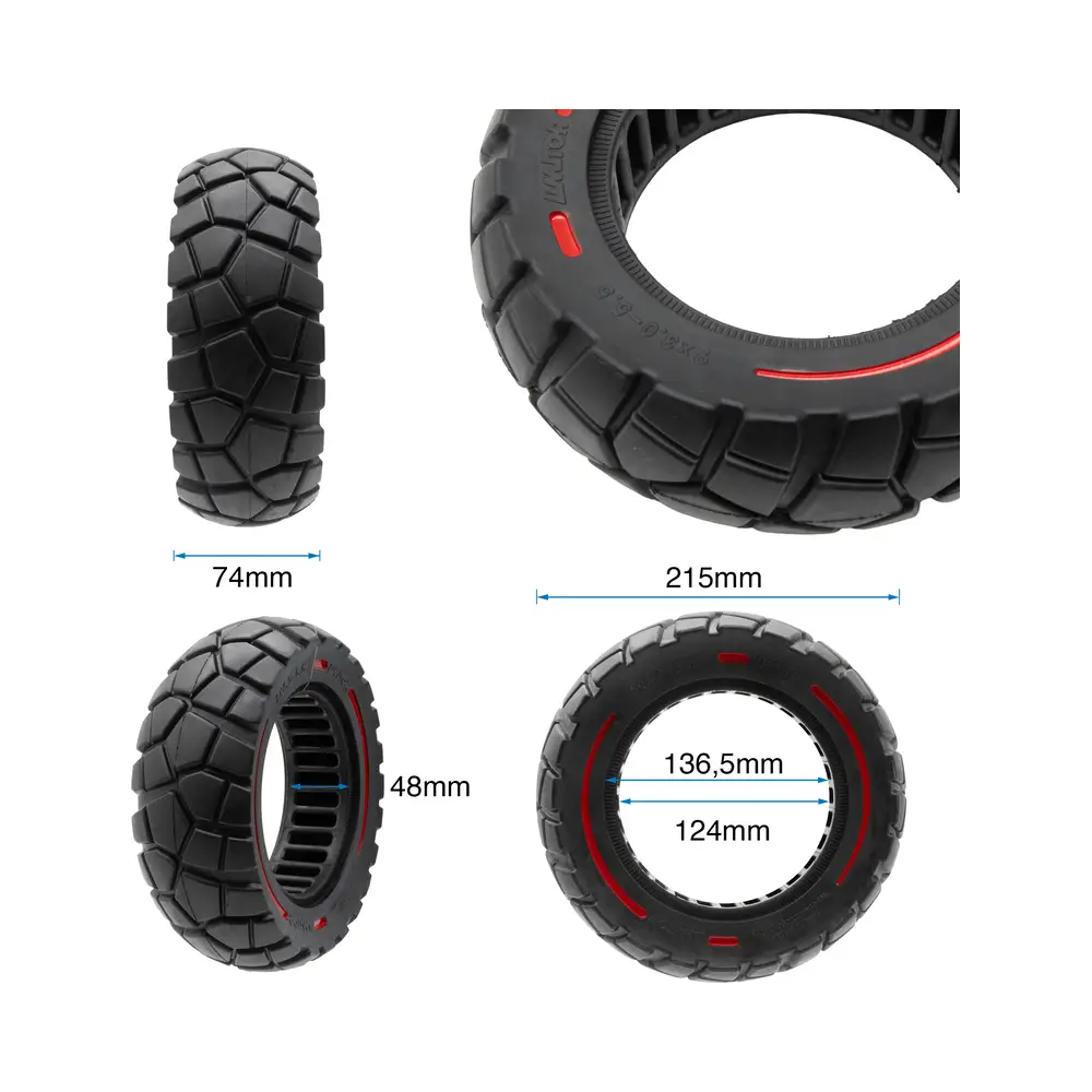 Rueda Maciza Amitor 9x3-5.5 Línea Roja/Negra para Patinete Eléctrico - medidas de la rueda