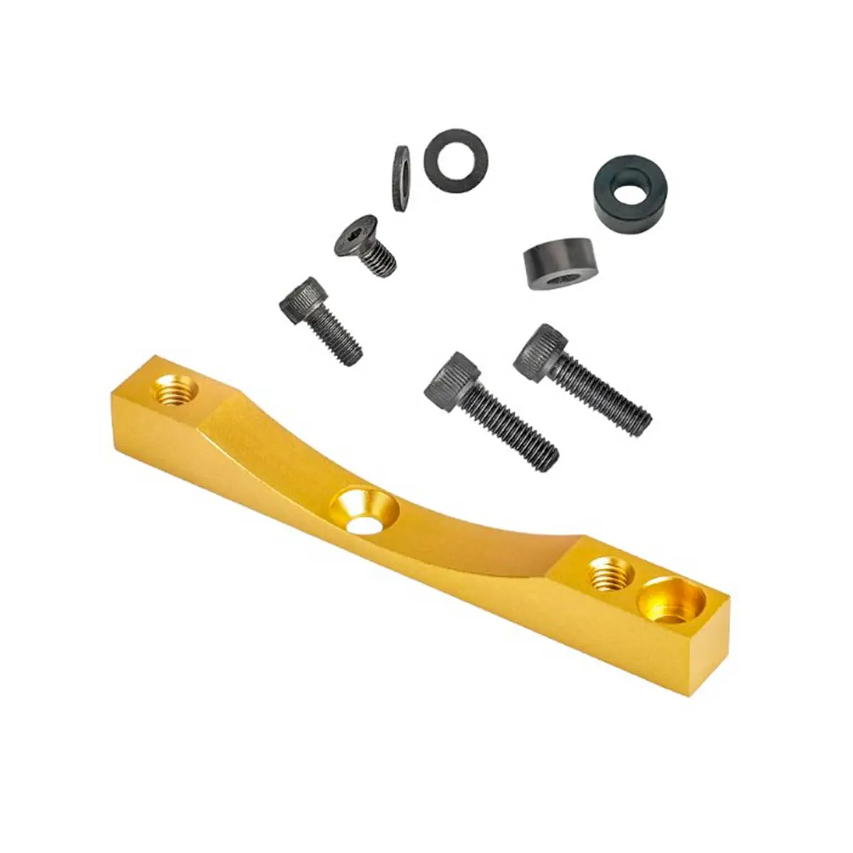 Soporte Reforzado Xtech HB-100 de color amarillo dorado anodizado en perspectiva, diseñado para adaptar frenos en Patinete Eléctrico Xiaomi y garantizar una frenada precisa y sin vibraciones.