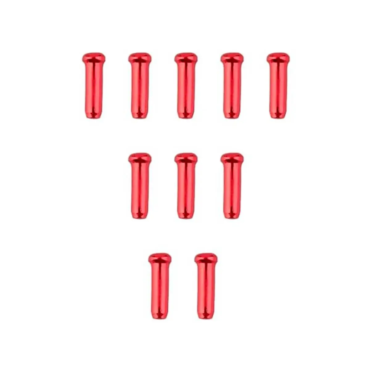 Pack completo de 10 terminales de freno en aluminio anodizado de color rojo brillante, ideal para personalizar y proteger el sistema de cables en tu Patinete Eléctrico.
