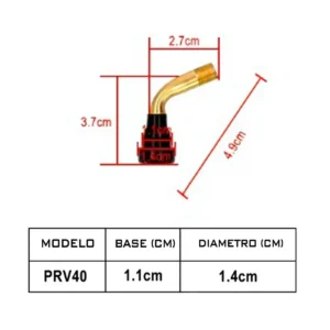 Medidas y datos técnicos de la válvula tubeless curva PVR40 de 135° reforzada para patinete eléctrico.