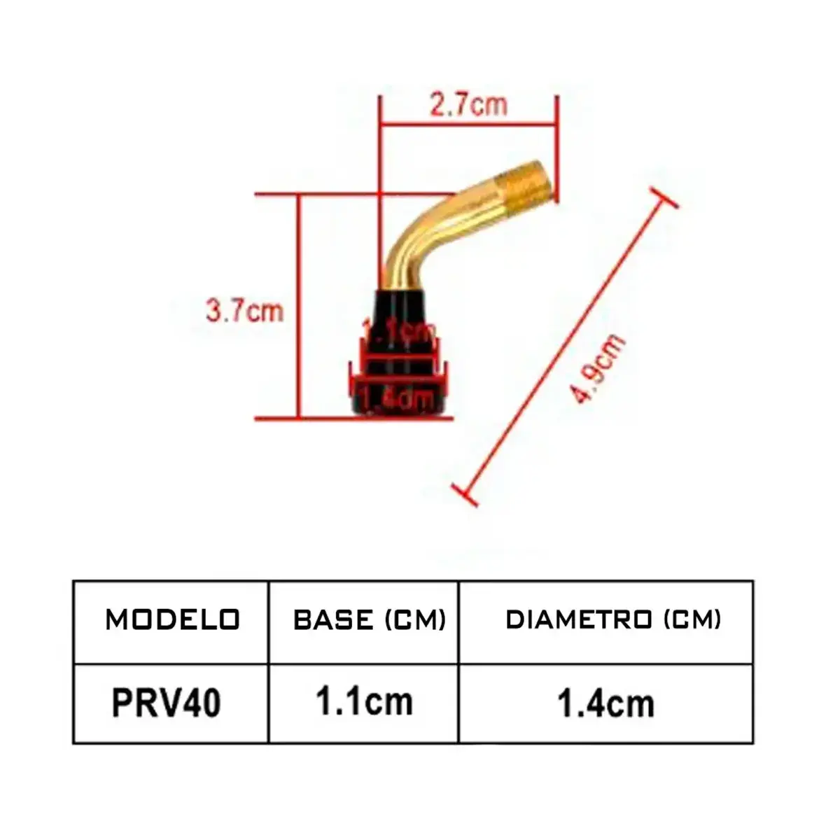 Medidas y datos técnicos de la válvula tubeless curva PVR40 de 135° reforzada para patinete eléctrico.