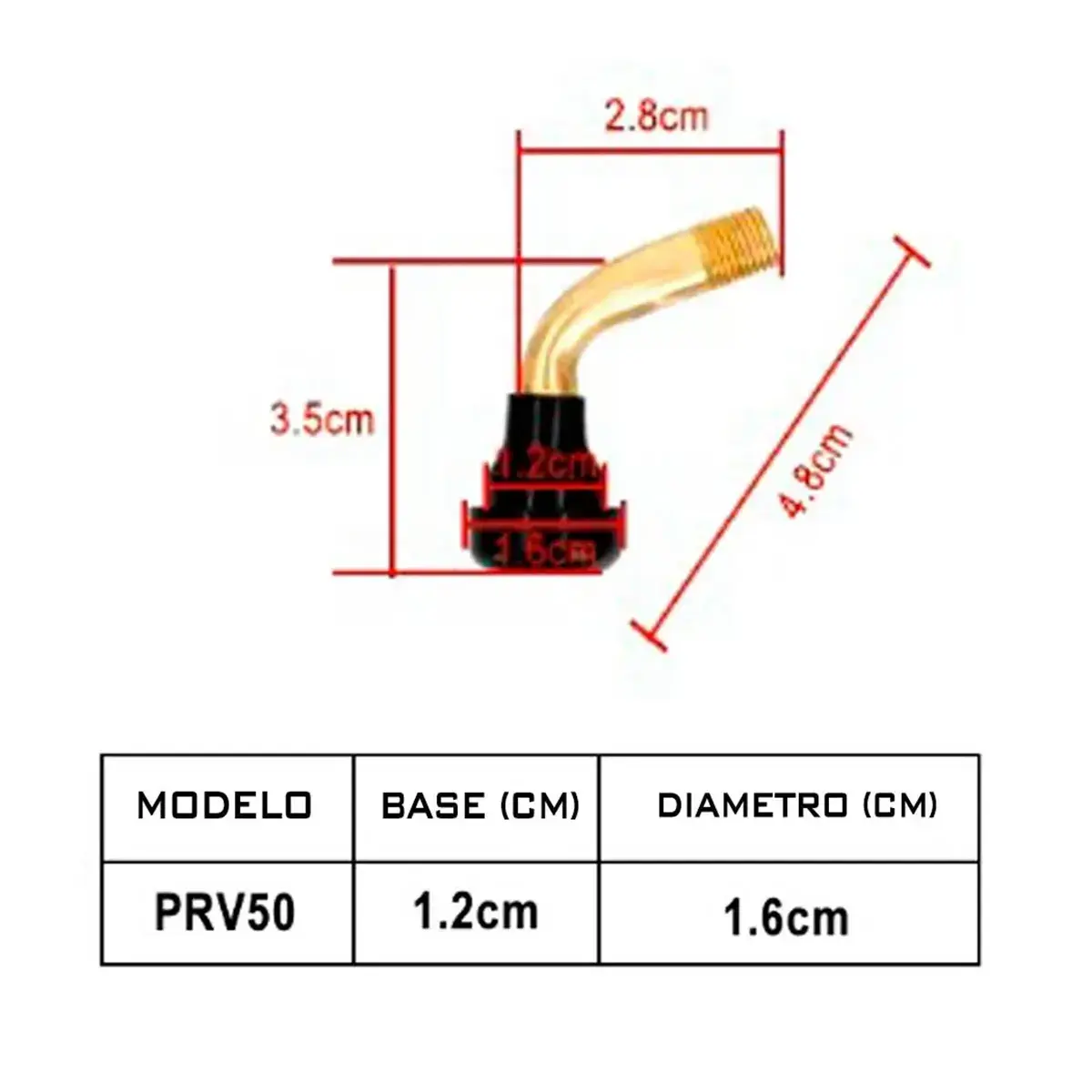 Medidas y especificaciones técnicas de la válvula tubeless curva PVR50 de 135°, repuesto confiable en OMMVISHOP.