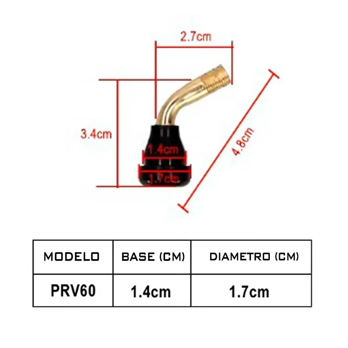 Especificaciones completas y medidas de la válvula tubeless curva PVR60 de 135° para patinete eléctrico.