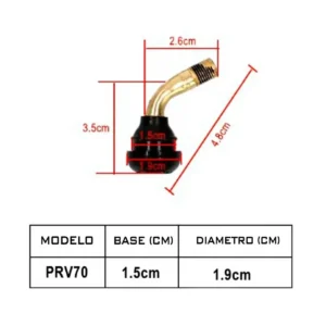 Medidas técnicas y datos completos de la válvula tubeless curva PVR70 de 135° para patinete eléctrico.