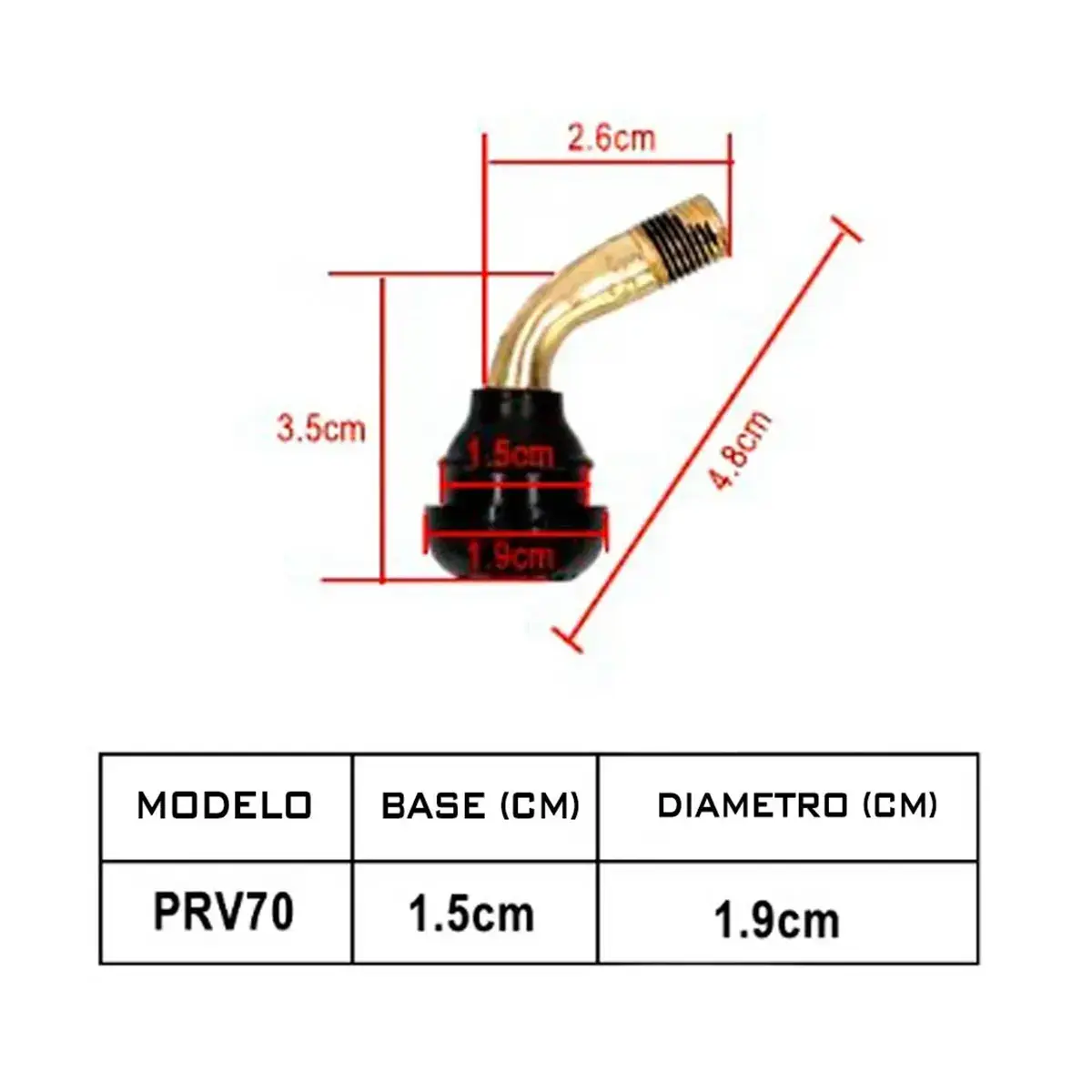 Medidas técnicas y datos completos de la válvula tubeless curva PVR70 de 135° para patinete eléctrico.