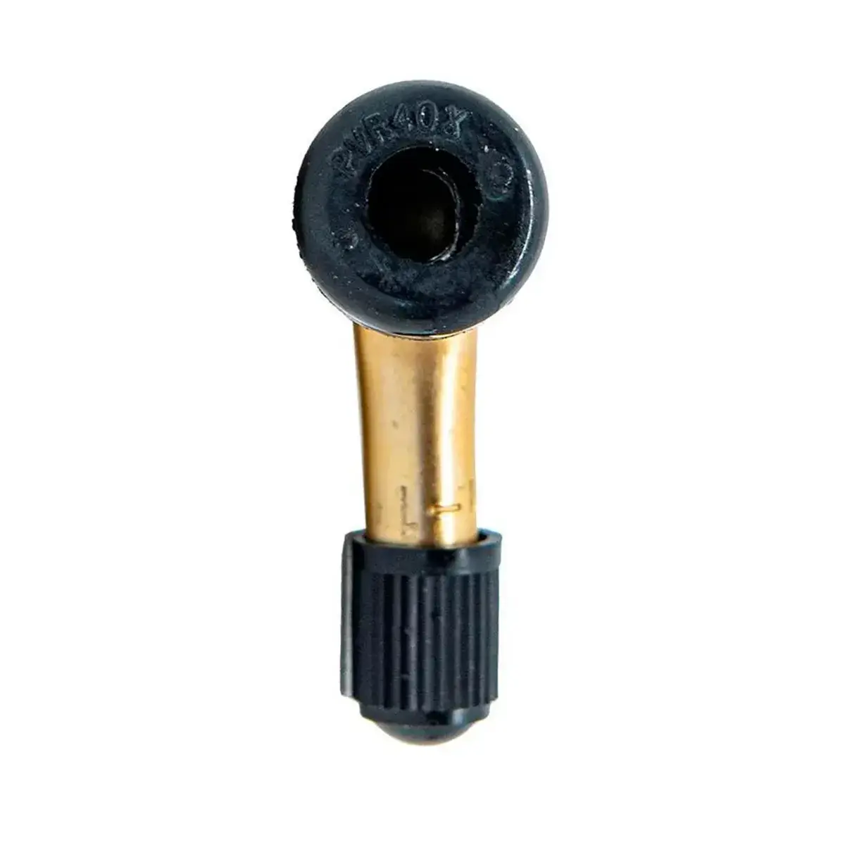 Válvula tubeless curva PVR40 de 90° para ruedas de patinete eléctrico, vista inferior con base reforzada.